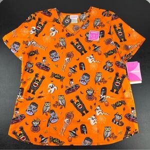 Scrubstar Halloween Women’s Scrub Top Size L Skeleton Spider Monster Ghost
